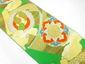 アンティーク　巻物に鶴・花模様織り出し袋帯（着用可）